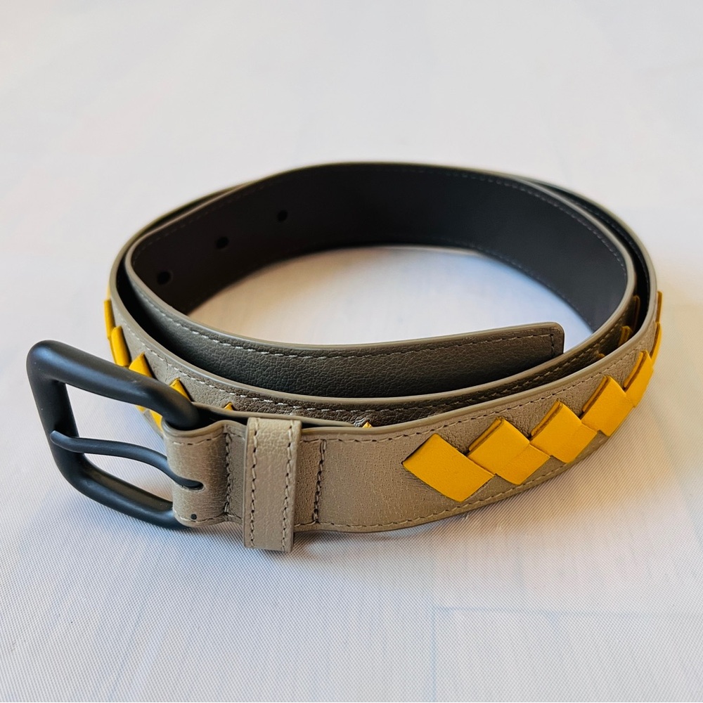 Bottega Veneta Intrecciato Woven Leather Belt Graphite Grey with Yellow unisex